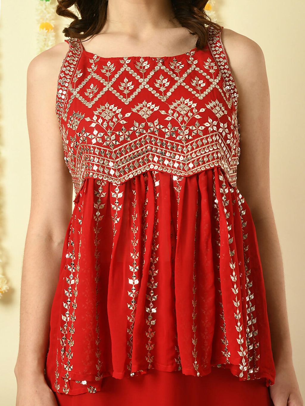 Myshka Women's Red Georgette Top With Palazzos Party Sets | Grocsy