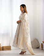 The52 Women's Gorgeous Jacquard Work Jacquard Silk Fabric Flared Anarkali Pant and Dupatta Set | Grocsy