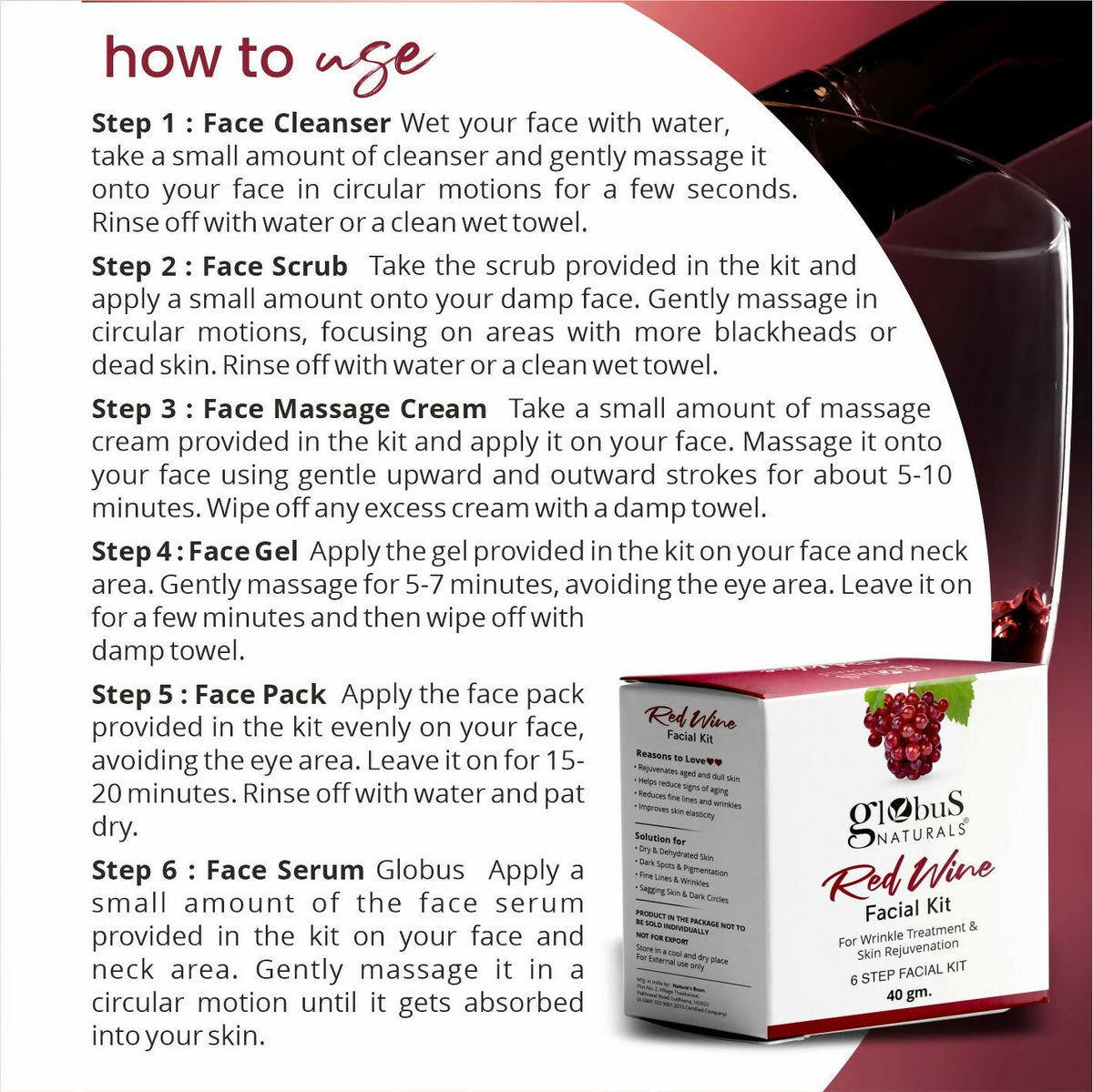 Globus Naturals Anti-Ageing Red Wine 6 Step Facial Kit | Grocsy