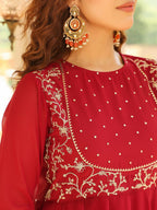 Janasya Maroon Georgette Embroidered Kurta,Bottom & Dupatta | Grocsy