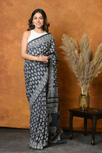 Very Much Indian Handblock Printed Cotton Saree With Natural Dyes - Black White | Grocsy