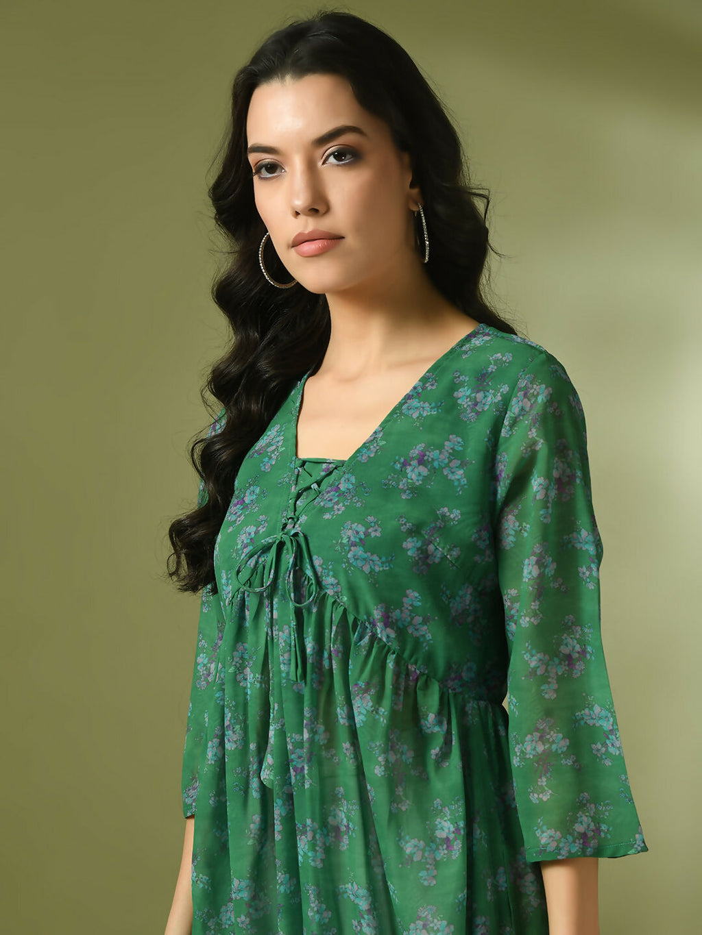 Myshka Women's Green Printed Georgette A-Line Nyra-cut Kurta | Grocsy