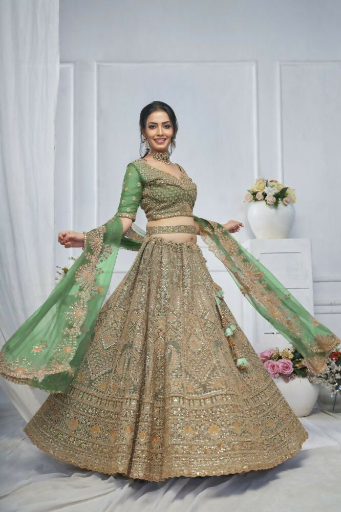 Kesar Fab Green Net Embroidered Lehenga | Grocsy