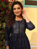 Juniper Women's Navy Festive Embroidered Flared Dress | Grocsy