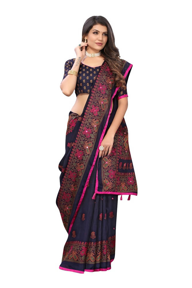 Vamika Blue Color Jute Silk Mirror Work Saree | Grocsy