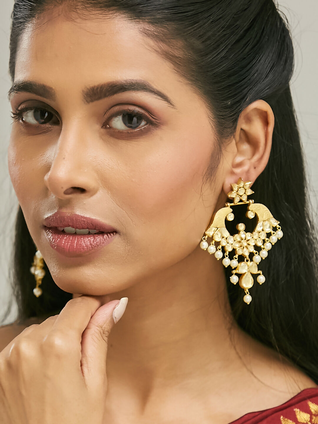 Nuyug 22K Gold-Plated Kundan and Pearl Earrings with Floral Stud and Intricate Crescent Design Chandbalis | Grocsy