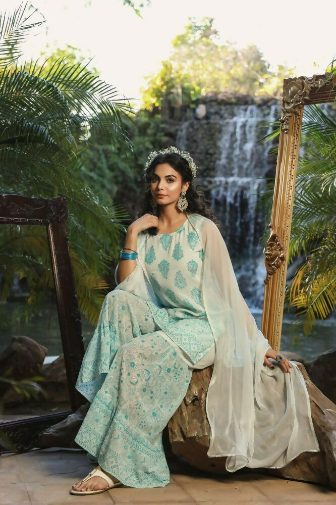 Juniper Blue Ethnic Motif Printed Georgette Kurta Sharara & Chiffon Dupatta Set | Grocsy