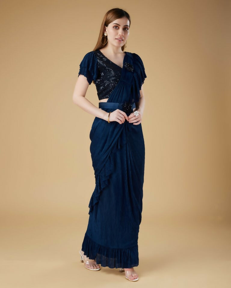Blue Imported Crush Solid Ready to Wear Saree with stitched Blouse - Aayan | Grocsy