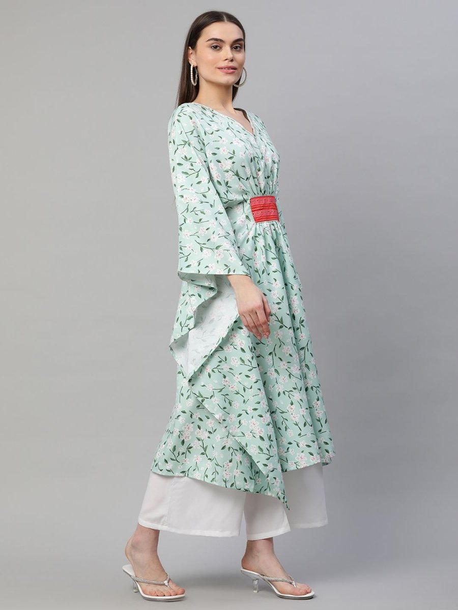 Ahalyaa Women Light Green Rayon Printed Flared Sleeve Kaftan Kurta | Grocsy