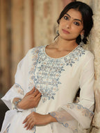 Juniper Women's White Chinnon Solid Embroidered Kurta Set | Grocsy
