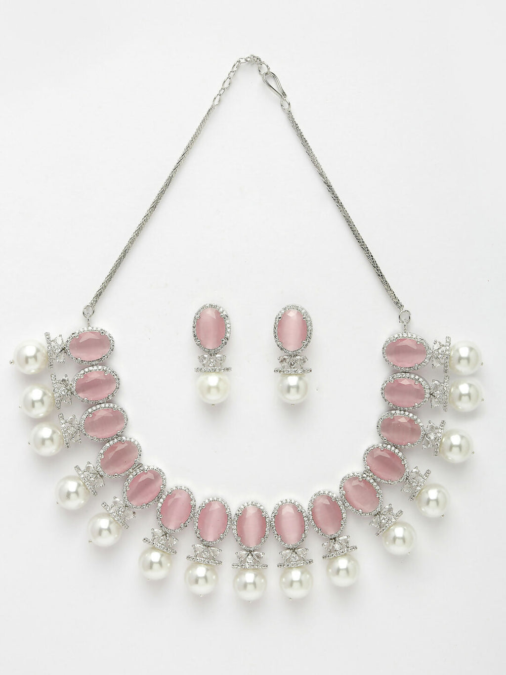 NVR Women's Silver-Plated Pink American Diamond Studded Handcrafted Jewellery Set | Grocsy