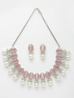 NVR Women's Silver-Plated Pink American Diamond Studded Handcrafted Jewellery Set | Grocsy