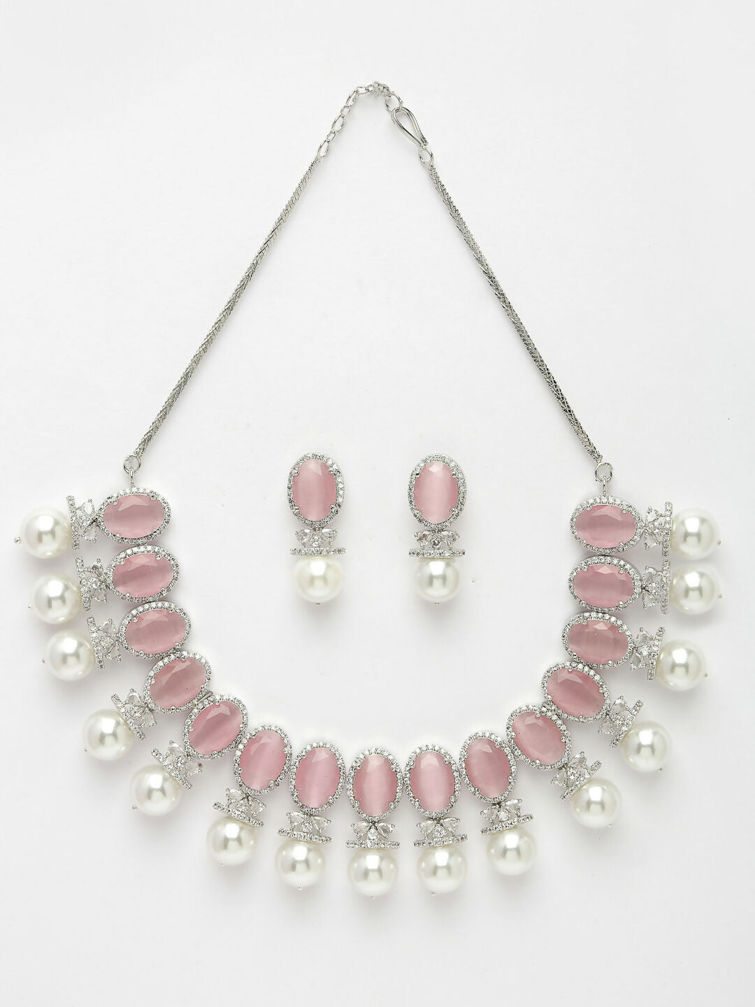 NVR Women's Silver-Plated Pink American Diamond Studded Handcrafted Jewellery Set | Grocsy