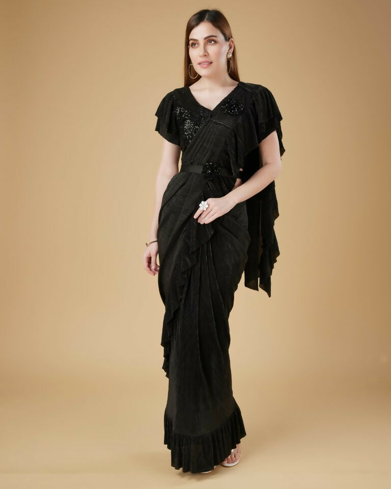 Black Imported Crush Solid Ready to Wear Saree with stitched Blouse - Aayan | Grocsy