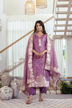 The52 Women's Beautiful Jacquard Butti Work Simmer Jacquard Fabric Straight Kurta Pant and Dupatta Set | Grocsy