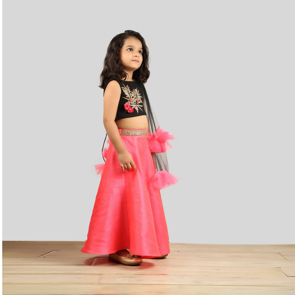 Pink Cow Fashions Black & Pink Ghagra Choli With Frill Dupatta | Grocsy