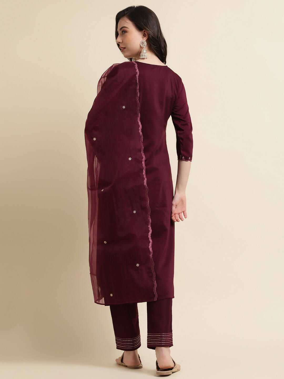 Purple Chinon Silk Embroidered Straight Kurta with Trouser & Dupatta - Salimar | Grocsy