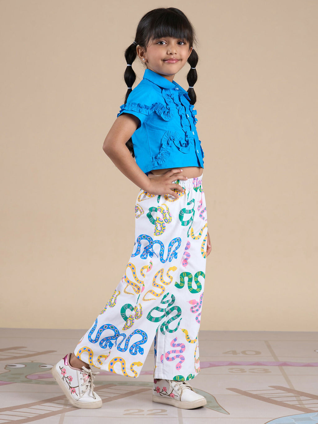 Snakes and Ladders Girls Blue Shirt and Multi Color Snake Print Pant Set from Siblings Collection | Grocsy