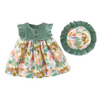 Bold N Elegant Cotton Floral Printed Ruffle Sleeve Princess Dress Frock With Fabric Hat Cap - Green | Grocsy