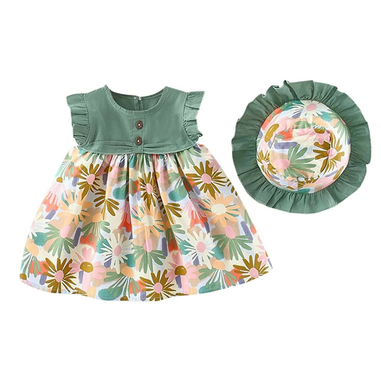 Bold N Elegant Cotton Floral Printed Ruffle Sleeve Princess Dress Frock With Fabric Hat Cap - Green | Grocsy