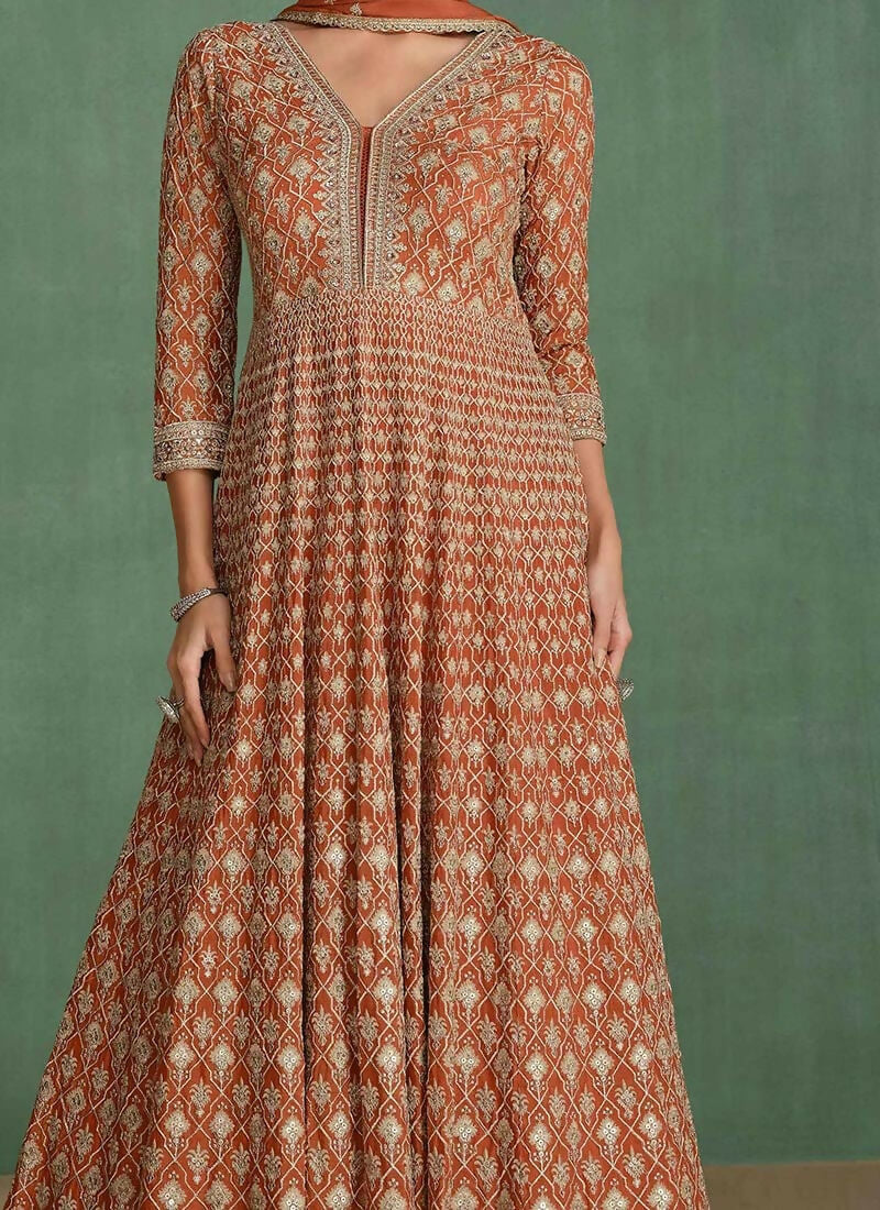 Vastranavya Brown Georgette Seroski Diamond Embroidered Sequins A Line Stunning Anarkali Suit | Grocsy