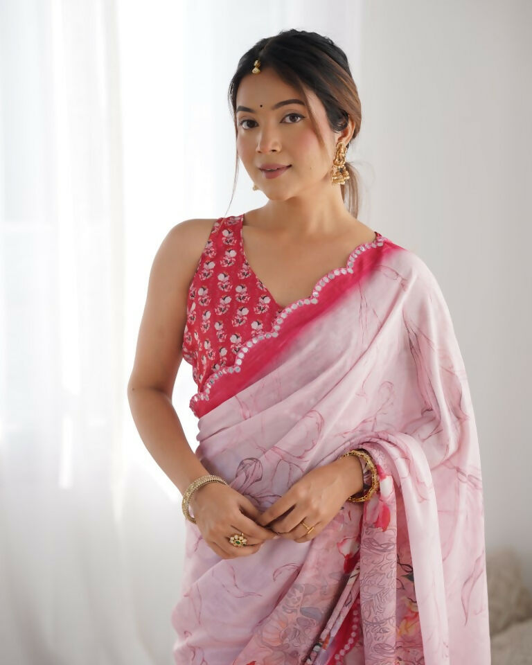 Pink Chinon Designer Digital Printed & Mirror Cut Work Saree - Kriti | Grocsy