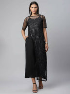 Ahalyaa Womens Black Crepe & Net Glitter Print Jumpsuit | Grocsy