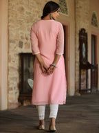 Juniper Women's Pink Georgette Printed Kurta | Grocsy