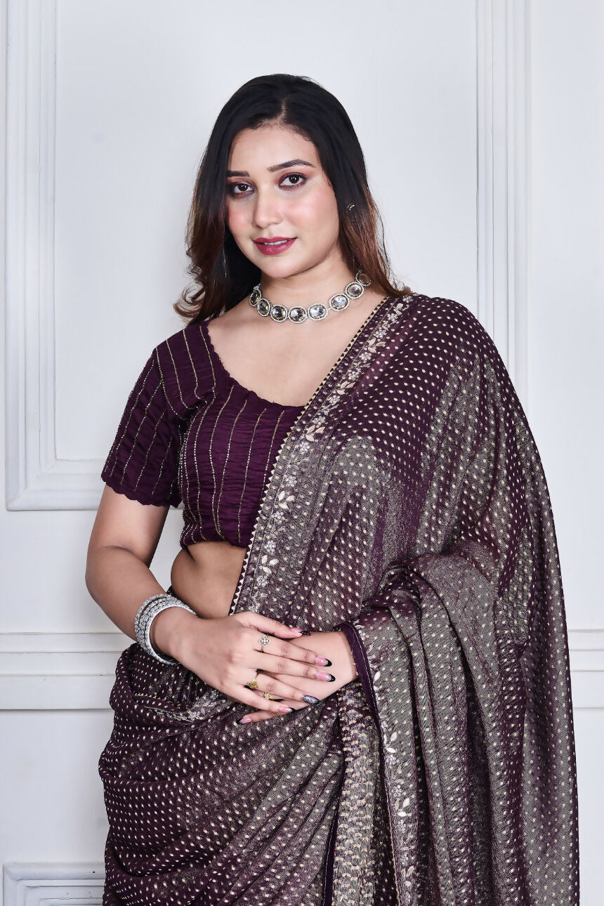 Morchari Purple Pure Chiffon Hand Embroidery Saree And Stitched Blouse | Grocsy