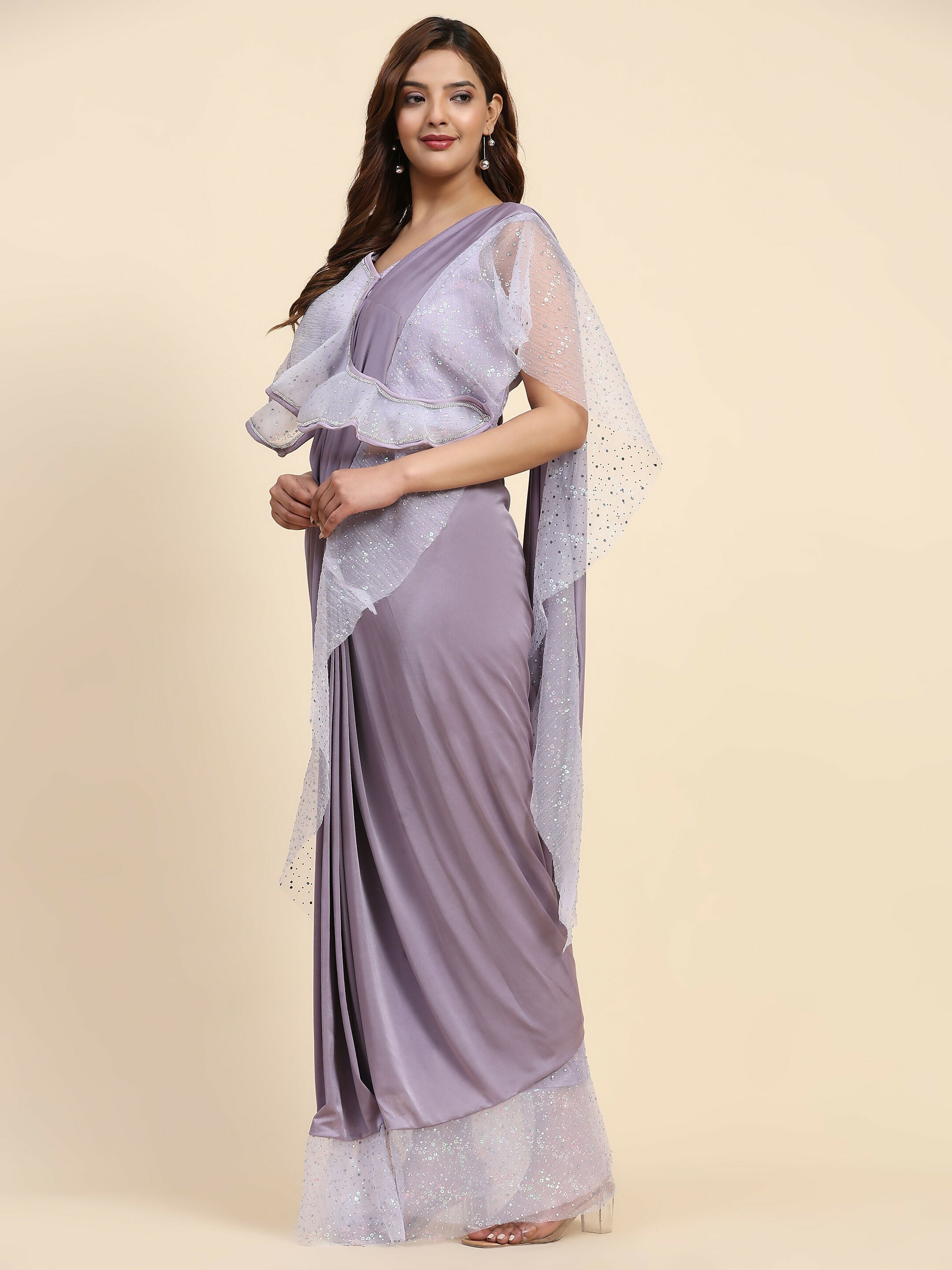 Light Purple Lycra Solid Ready to Wear Saree with stitched Blouse - Nita | Grocsy