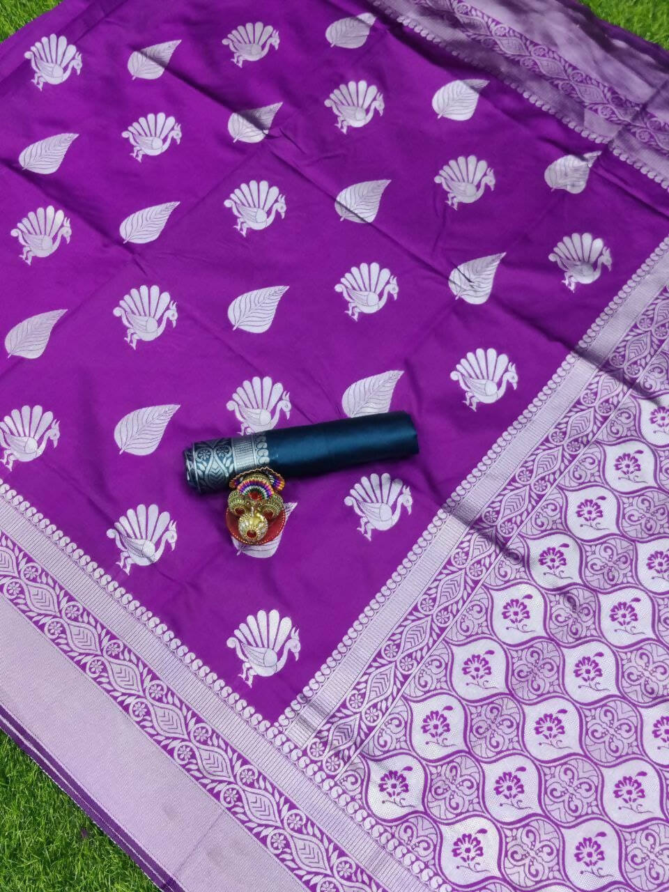 DEIANA'S Beautiful Designer Golden zari Soft Lichi Silk Saree - Purple | Grocsy