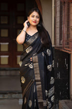 Black Cotton Crepe Batik Print Saree with Unstitched Blouse - Hiral Fashion | Grocsy