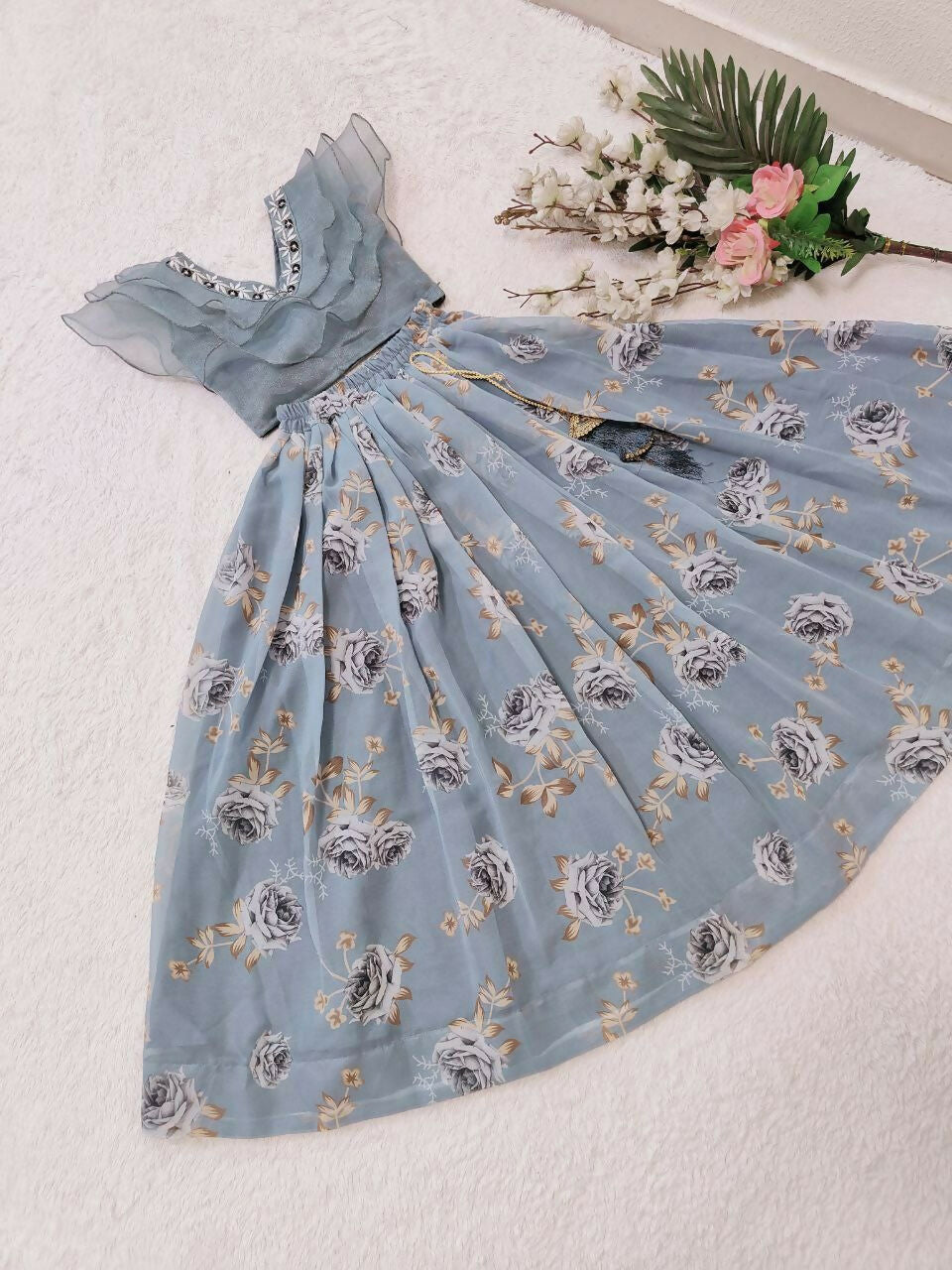 Jyoti Fashion Charming Grey Faux Georgette Digital Printed with Fancy Latkan Work Kids Lehenga Choli Set | Grocsy