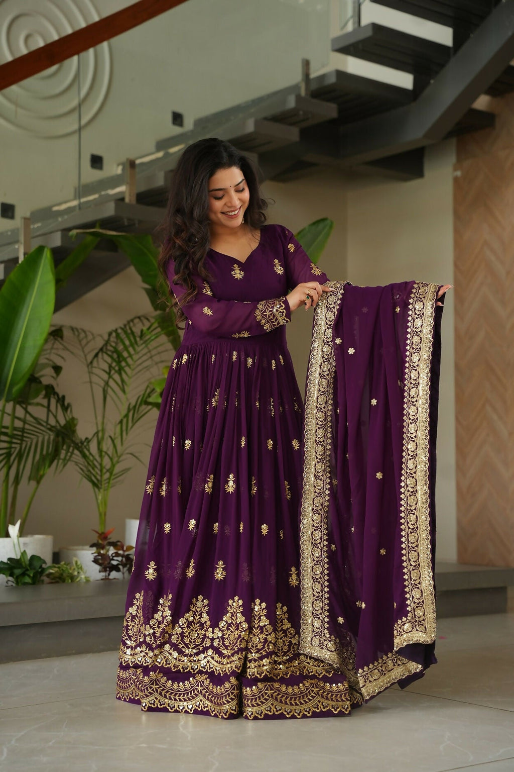 Joban Fashion Purple Georgette Sequence Embroidery Work Kurta Set | Grocsy