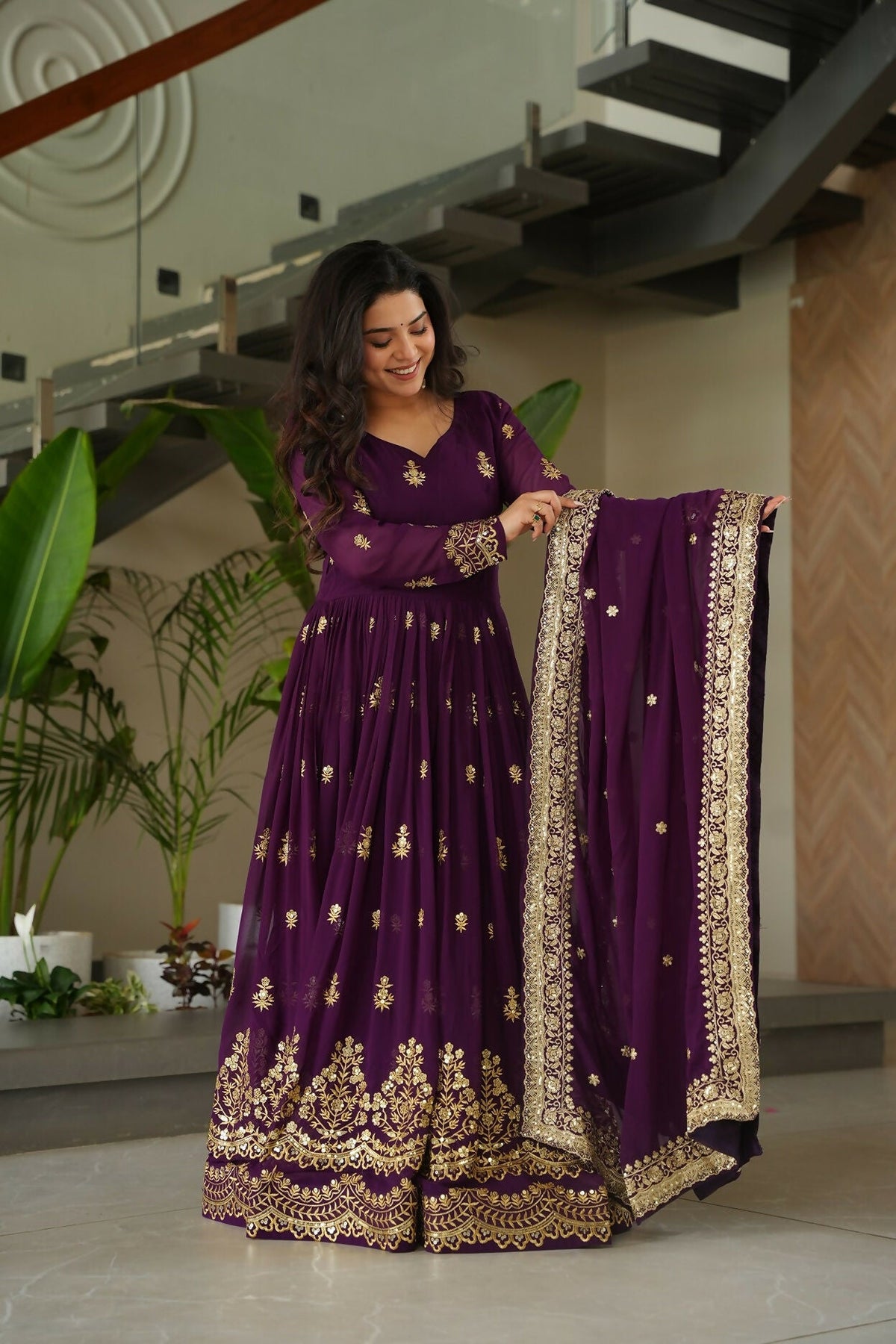 Joban Fashion Purple Georgette Sequence Embroidery Work Kurta Set | Grocsy