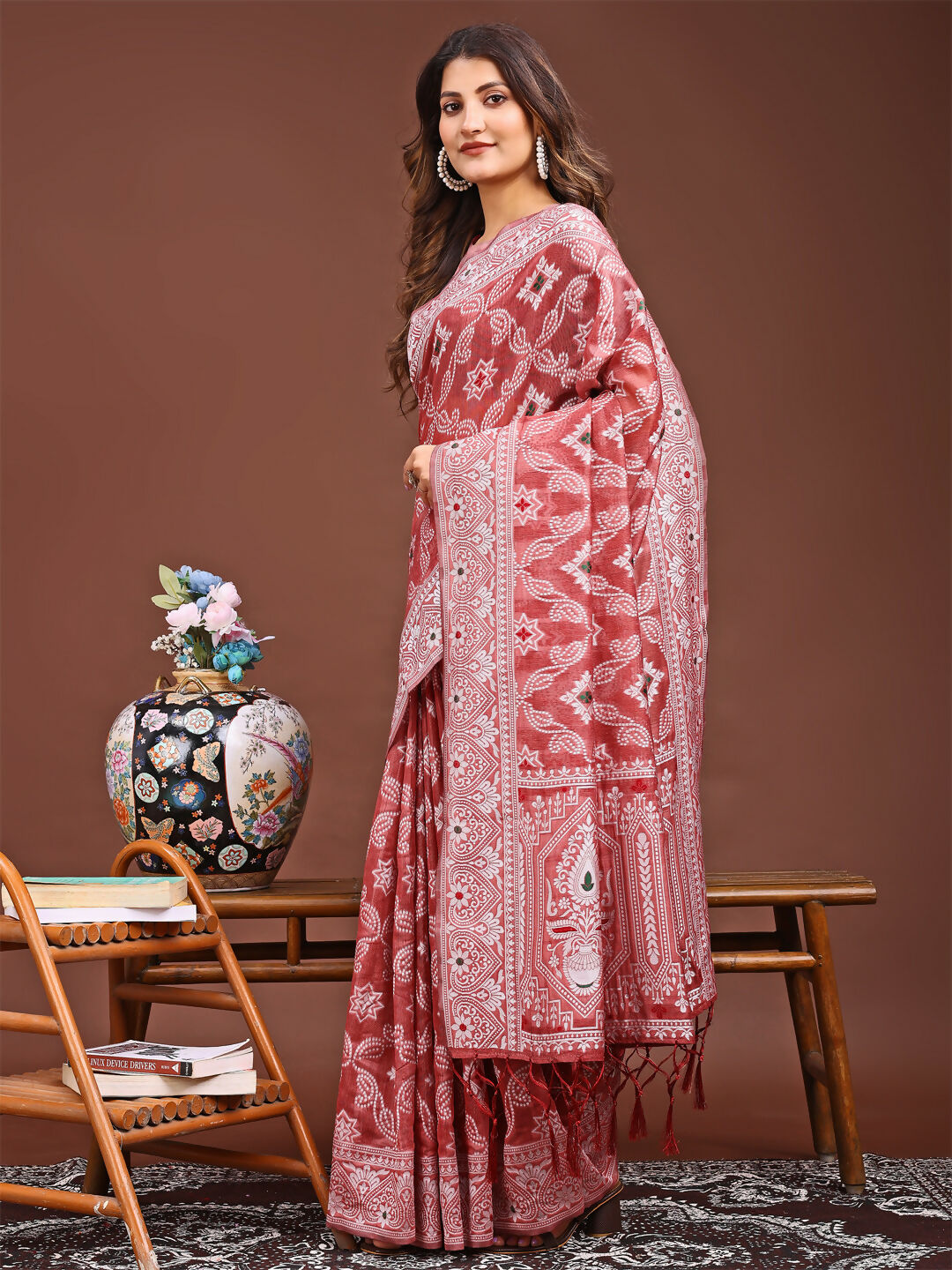 Shree Shyam Fashion Pankhuri Peach Linen Cotton Saree | Grocsy
