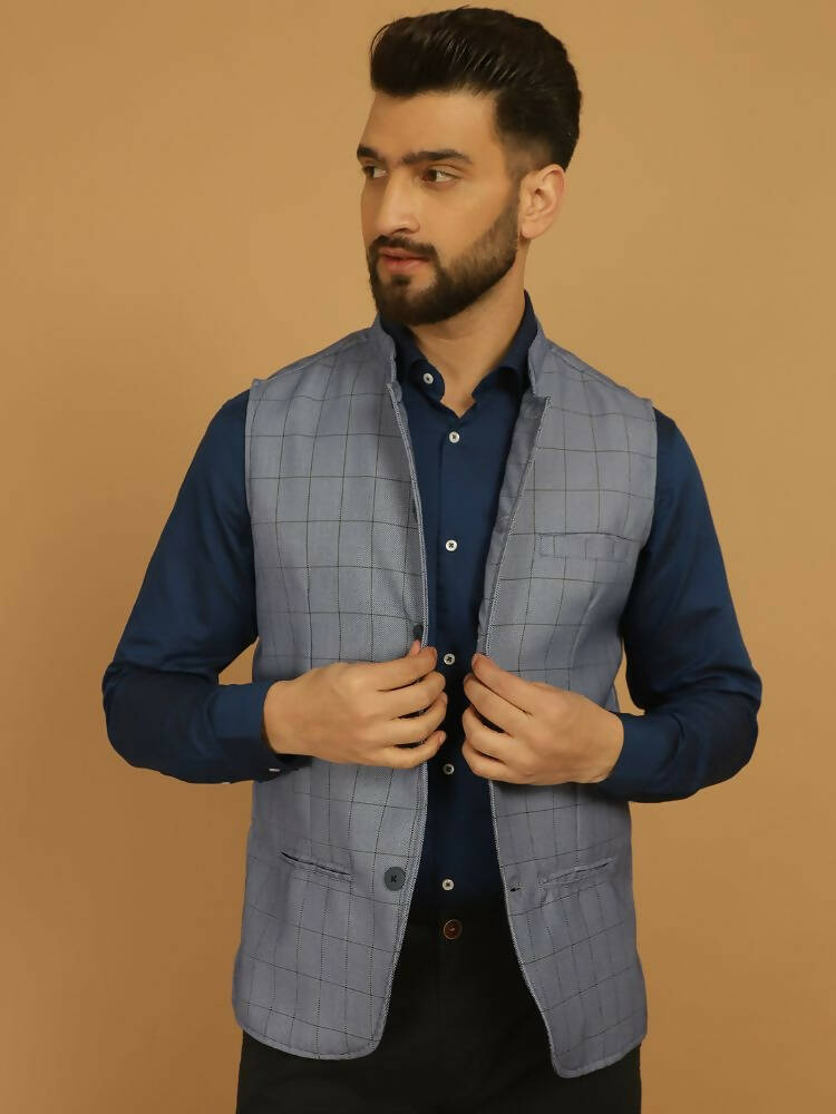 Even Apparels Nehru Jacket With Welt Pockets - Blue | Grocsy