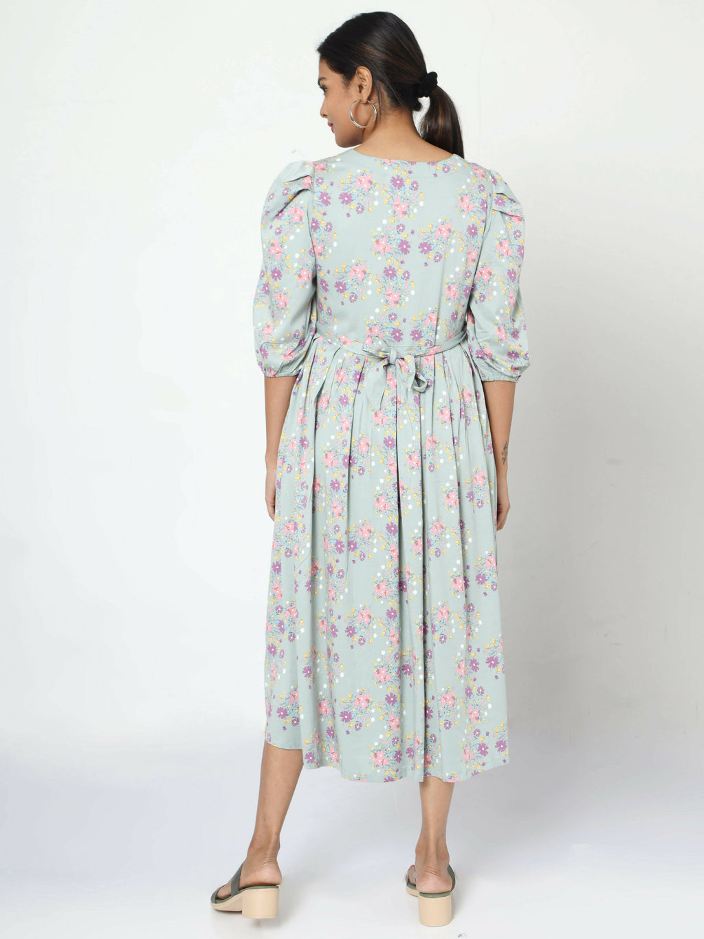 Manet Three Fourth Maternity Dress Pink Floral Print With Concealed Zipper Nursing Access - Green | Grocsy