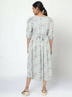 Manet Three Fourth Maternity Dress Pink Floral Print With Concealed Zipper Nursing Access - Green | Grocsy