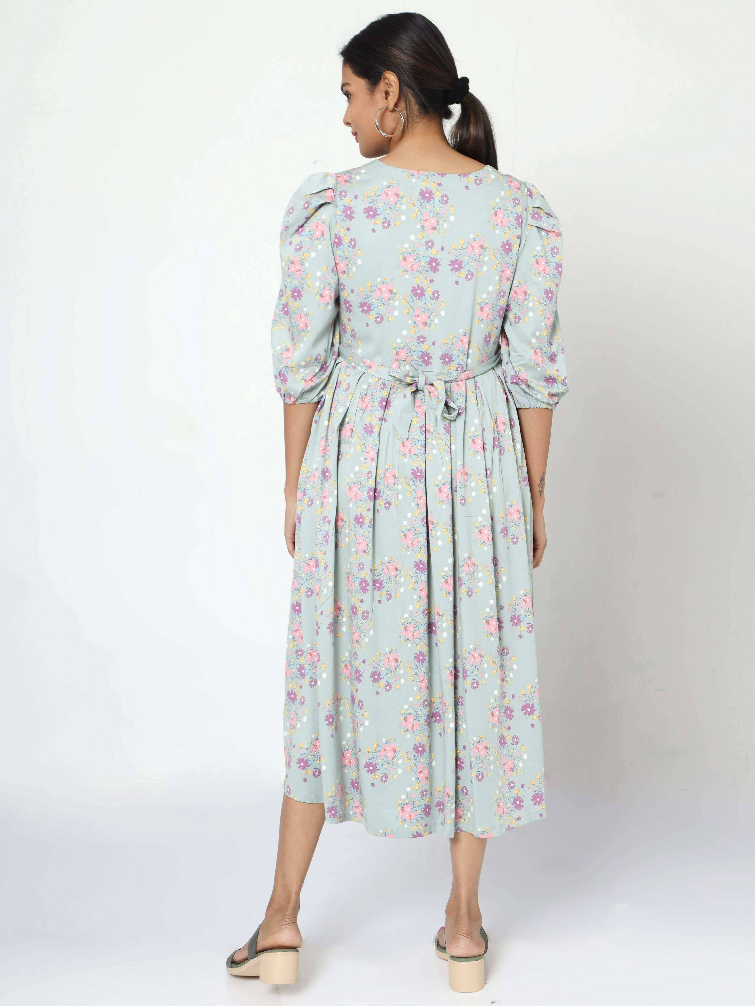 Manet Three Fourth Maternity Dress Pink Floral Print With Concealed Zipper Nursing Access - Green | Grocsy