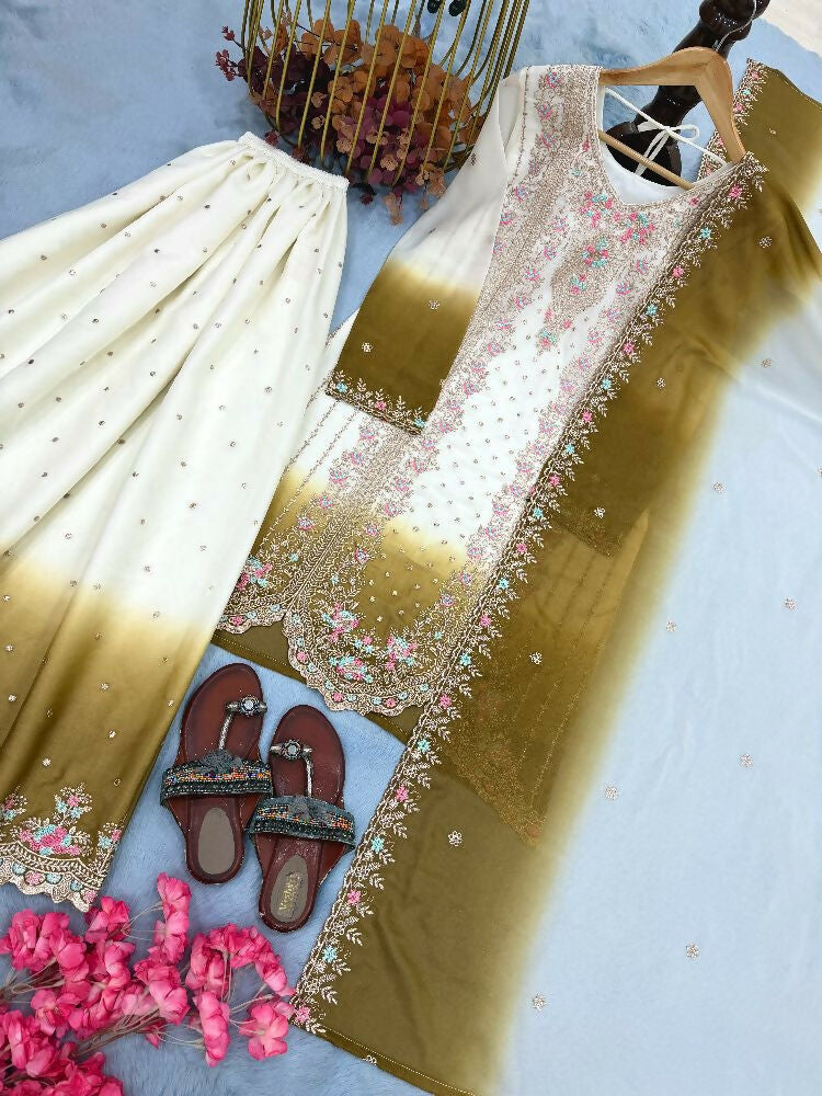 Teeya Creation New Trending Heavy Dual Tone Peding Star Georgette Mehendi Kurta Set | Grocsy