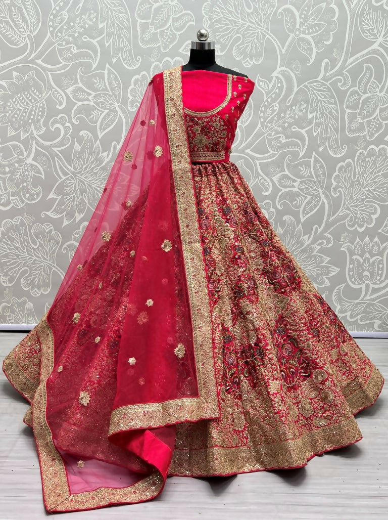 Jyoti Fashion Women's Rani Pink Silk Fancy Dori & Sequins Multi Thread Embroidered with Diamond Work Wedding Lehenga Choli | Grocsy