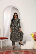 Jyoti Fashion Women's Black Chanderi Silk Floral Print with Side Pocket Kurtis & Sets | Grocsy