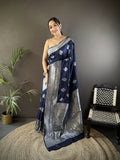 Joban Fashion Navy Blue Floral Motifs Soft Silk Banarasi Saree | Grocsy