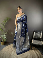 Joban Fashion Navy Blue Floral Motifs Soft Silk Banarasi Saree | Grocsy