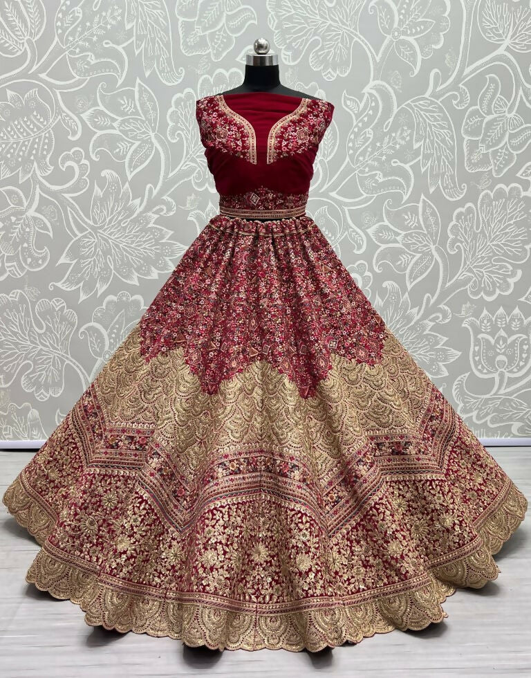 Jyoti Fashion Women's Rani Pink Velvet Fancy Dori & Sequins Multi Thread Embroidered with Diamond Work Wedding Lehenga Choli | Grocsy