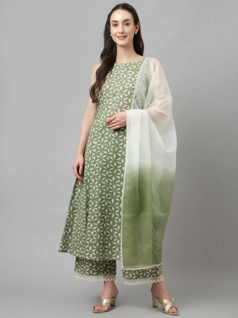 FIORRA Women's Green Lurex Cotton Flared Kurta Palazzo Set With Dupatta | Grocsy