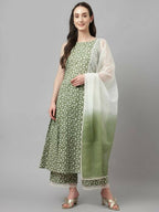 FIORRA Women's Green Lurex Cotton Flared Kurta Palazzo Set With Dupatta | Grocsy
