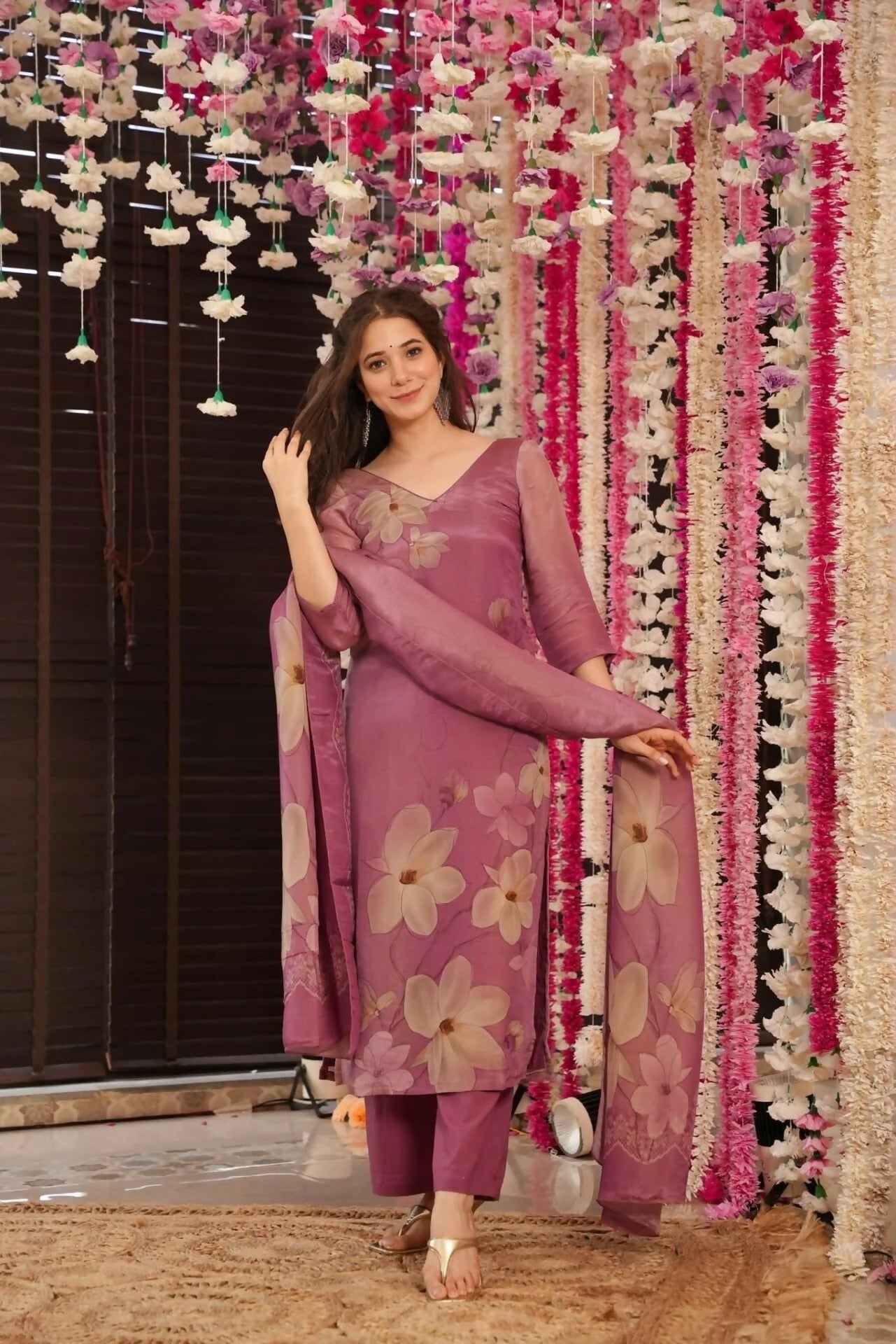 The52 Onion Gorgeous Floral Printed Zarna Silk Fabric Straight Kurta Pant with Dupatta Set | Grocsy
