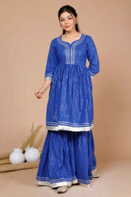 Miravan Women's Blue Printed Pure Cotton A-Line Kurti With Sharara | Grocsy